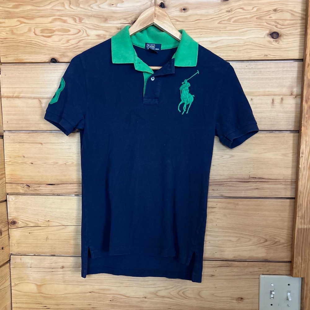 Big Pony Polo Shirt Boys Medium Navy Blue Green Mesh Cotton Polo Ralph Lauren